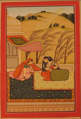 miniature peinture vegetale sur papier or princesse et sa servante dans jardin du palais inde
