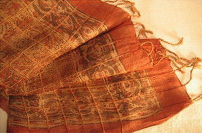 chale soie tisse main meches en carreaux imprime floral au tampon rouge brun kalamkari inde
