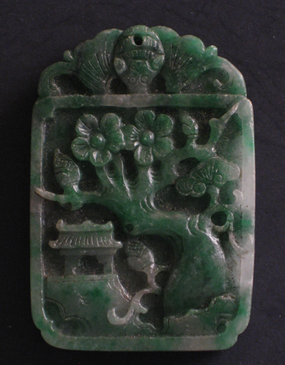 sculpture jade vert antiquite bijou paysage cerisier fleur temple chine