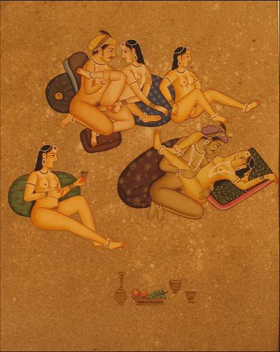 miniature erotique 2 couples 2 femmes peinture vegetale sur papier or inde