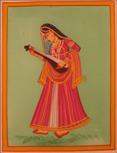 miniature peinture sur soie femme musicienne inde