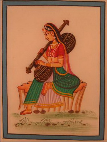miniature peinture sur soie femme musicienne inde