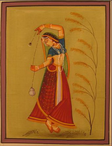 miniature peinture sur soie danseuse dans la nature inde