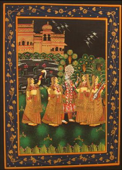 miniature peinture sur soie or femmes et prince dans jardin la nuit inde