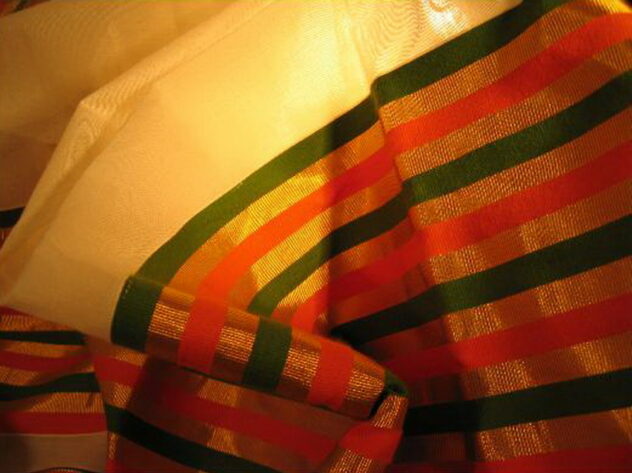 sari coton broche tisse main blanc orange vert or inde