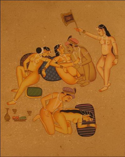 miniature erotique 2 couples 2 femmes peinture vegetale sur papier or inde