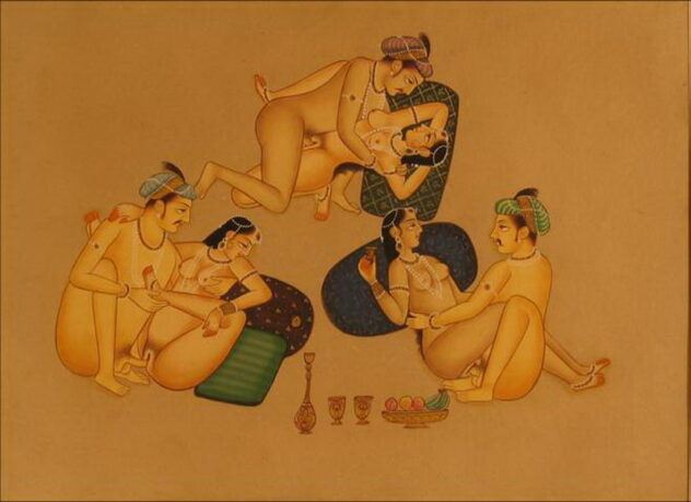 miniature erotique 3 couples peinture vegetale sur papier or inde