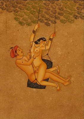miniature erotique couple balancoire peinture vegetale sur papier or inde