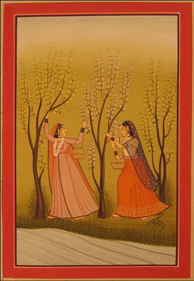 miniature peinture vegetale sur papier or 2 femmes au bord riviere inde