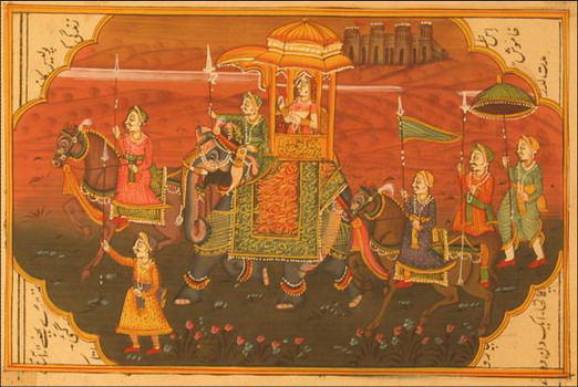 miniature peinture vegetale sur papier or princesse dos elephant et cavaliers dans desert inde