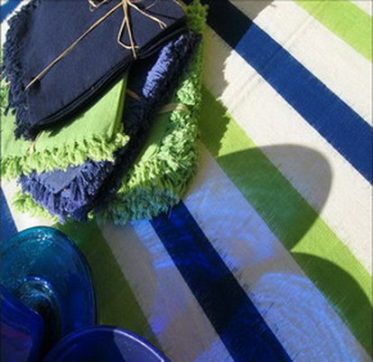 nappe serviettes de table coton ikat tissé main rayures bleu blanc vert inde