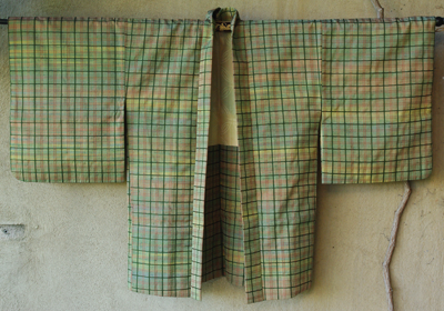 kimono haori japon soie doublure soie carreaux vert
